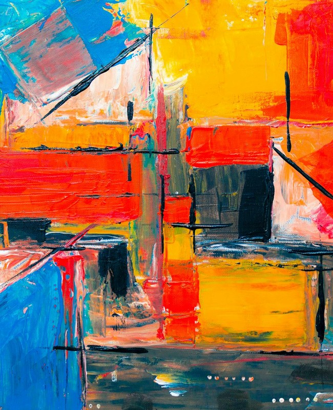 Colorful abstract painting with bold brushstrokes and vibrant hues, displaying modern art style.